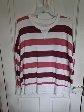 Time and Tru White and Maroon Striped Sweatshirt